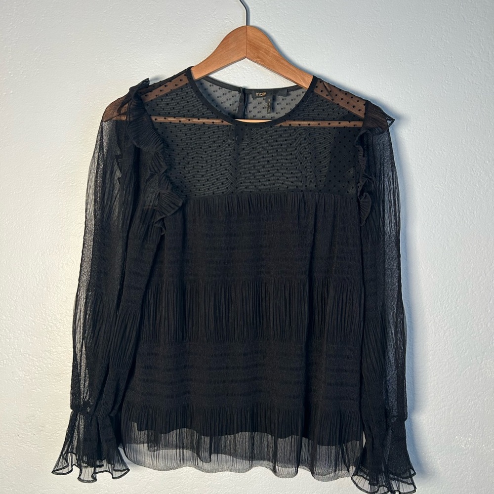Maje Black Sheer Lacey Ruffle Blouse whimsigoth size Large